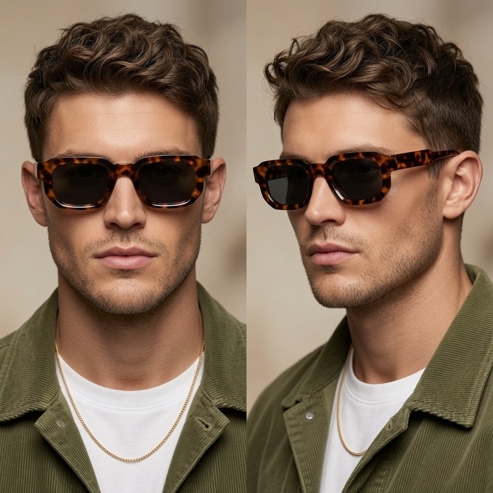 Mens Tortoise Shell Rectangular Sunglasses Chunky Geometric Retro Square Frames